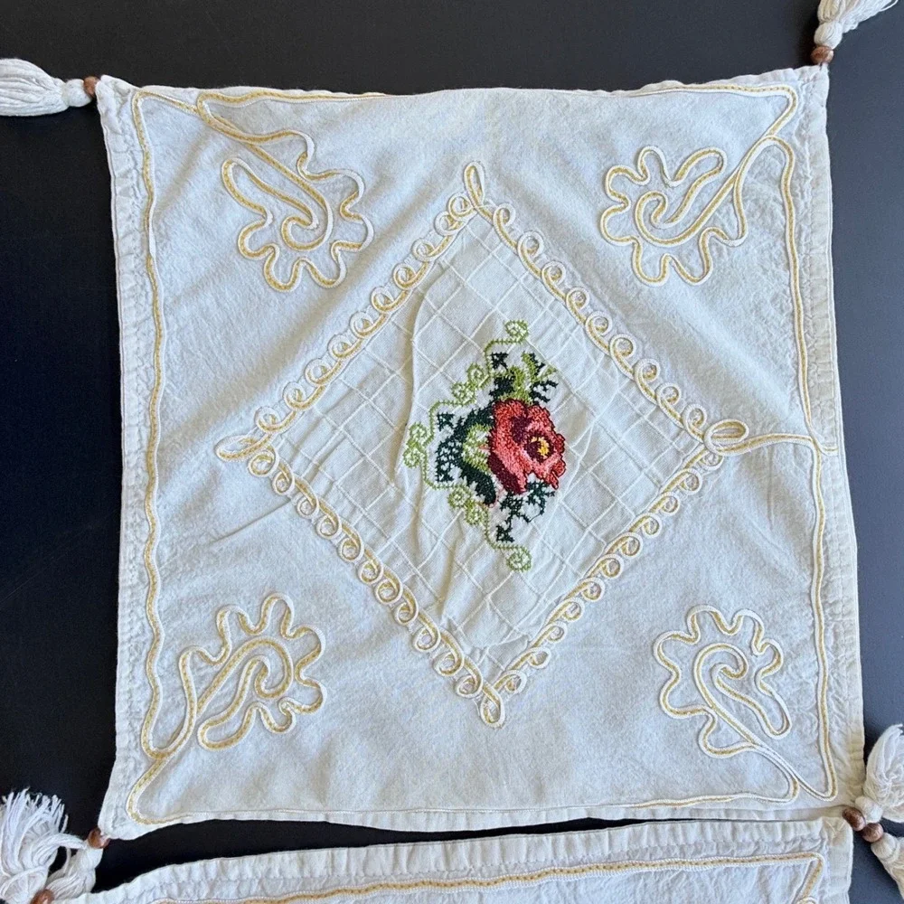 Vintage Embroidered Floral Tassel Pillow Covers Cream Cotton Set of 2 14x14